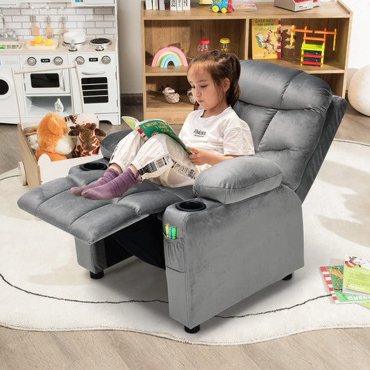 Adjustable Larger Kids Lounge Recliner Chair with 2 Cup Holders-Grey
