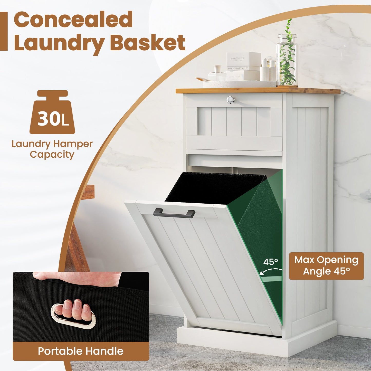 Laundry Cabinet with Basket Freestanding Tilt Out Laundry Hamper with Drawer-White