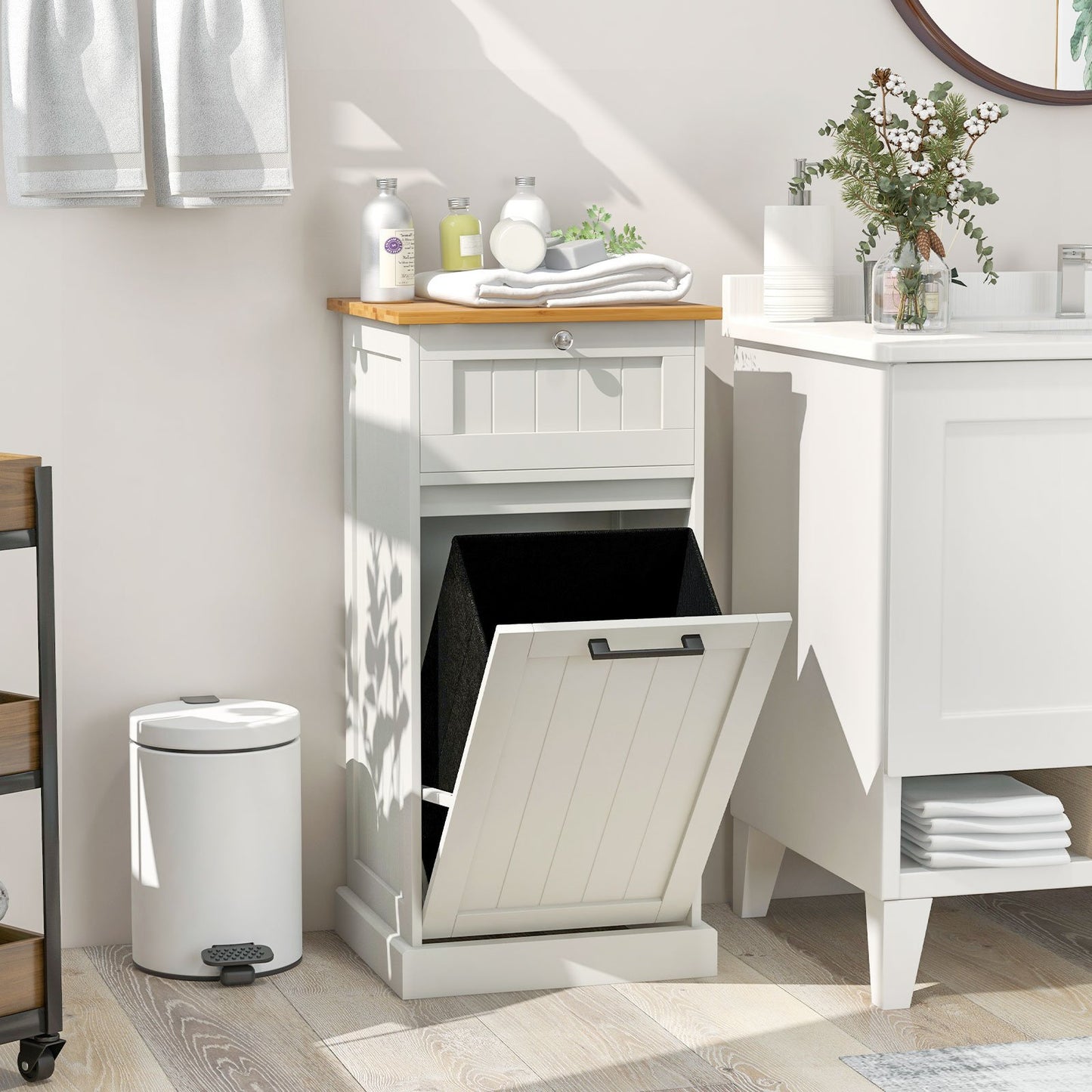 Laundry Cabinet with Basket Freestanding Tilt Out Laundry Hamper with Drawer-White