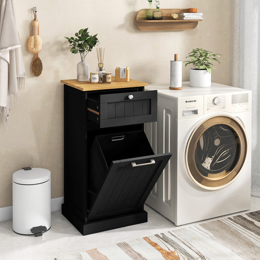 Laundry Cabinet with Basket Freestanding Tilt Out Laundry Hamper with Drawer-Black