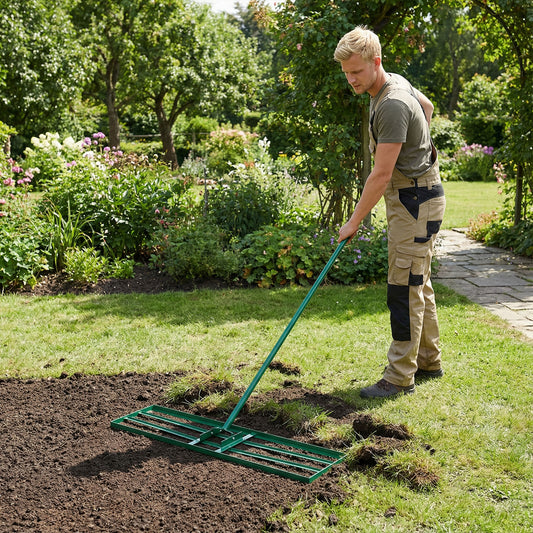 Lawn Leveling Rake with Adjustable Handle and Rotating U-Head for Topsoil-Green