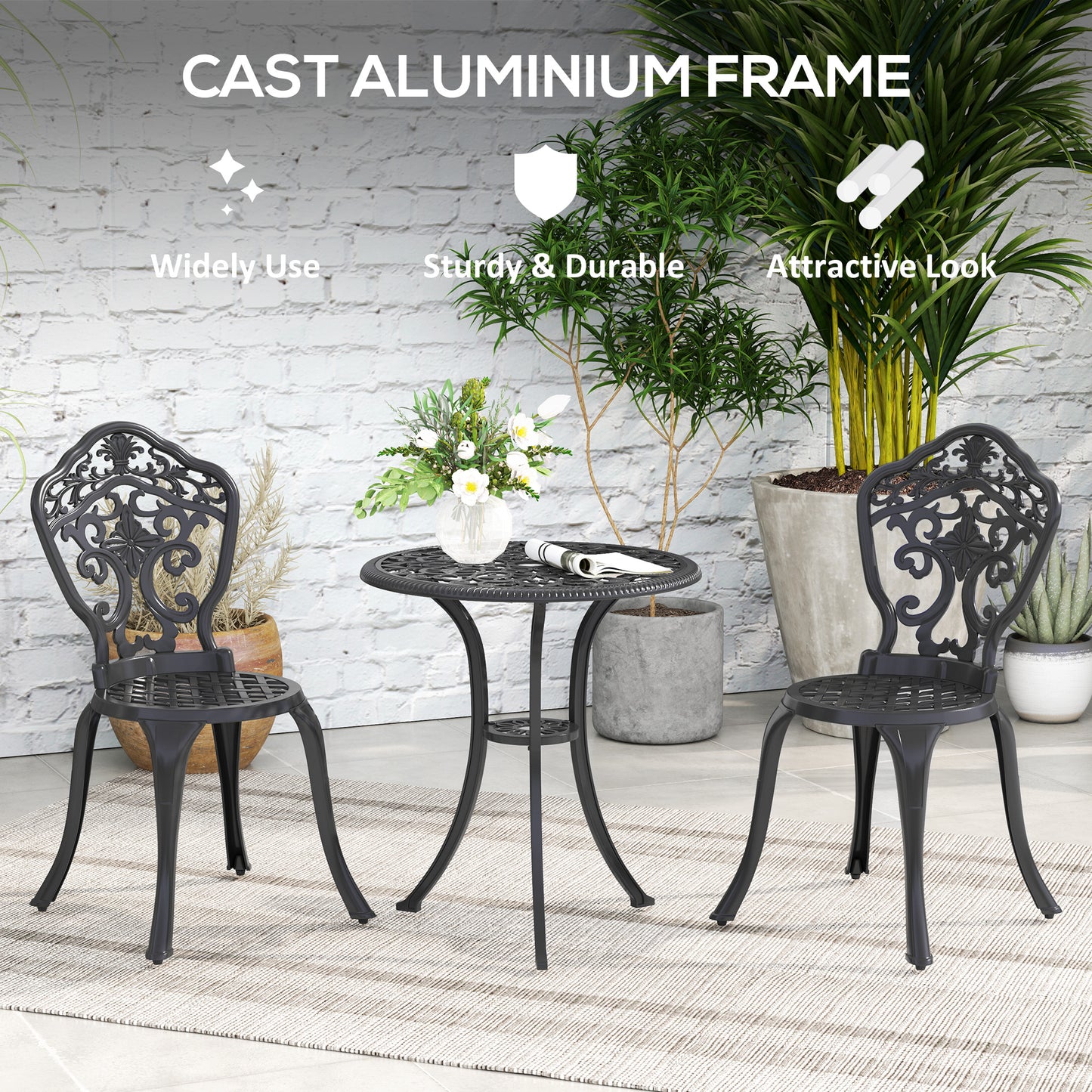 Zestaw bistro Outsunny z trzema elementami aluminiowymi w kwiaty – czarny