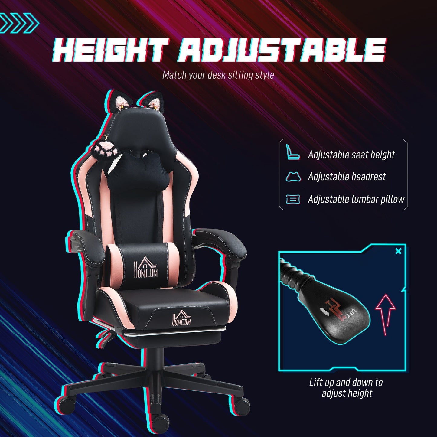 HOMCOM Cat Ear and Paw Reclining Office Chair, with Footrest - Black/Pink