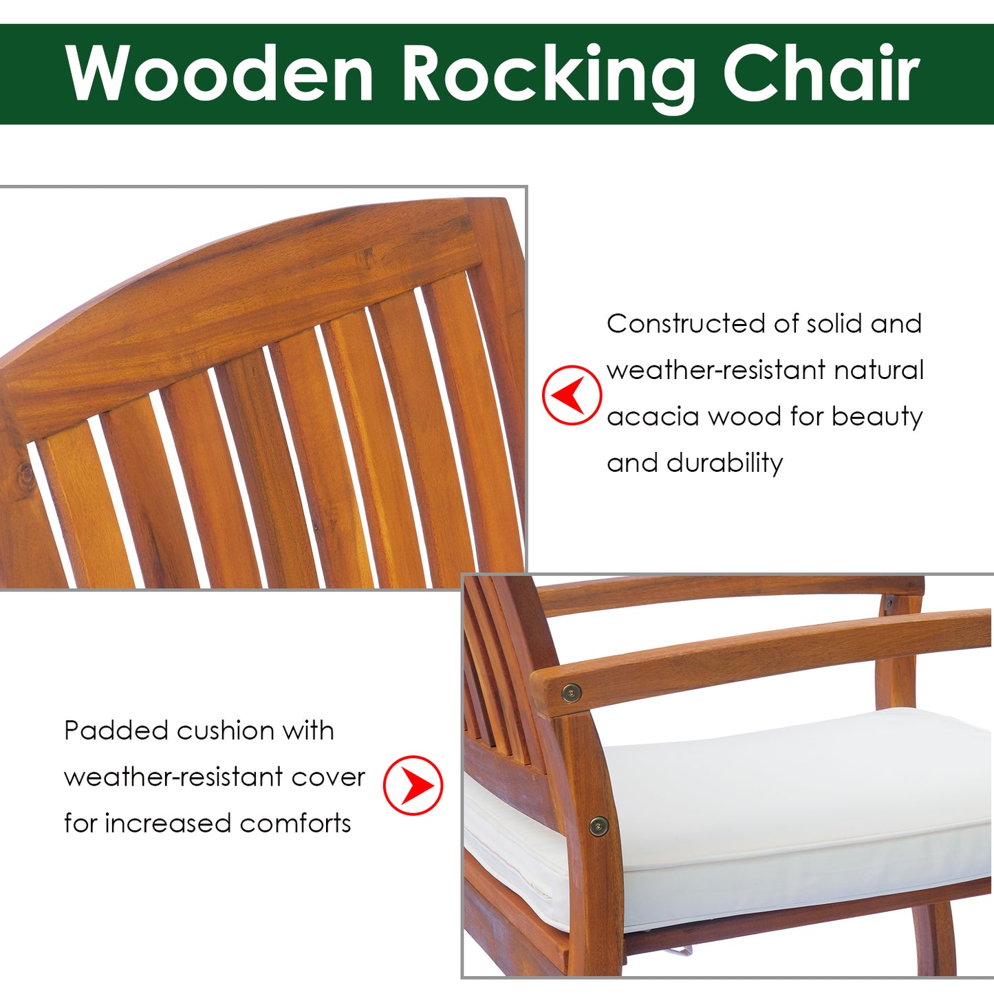 Outsunny Garden Acacia Wood Rocking Chair Deck Indoor Outdoor Porch Seat Rocker z poduszką