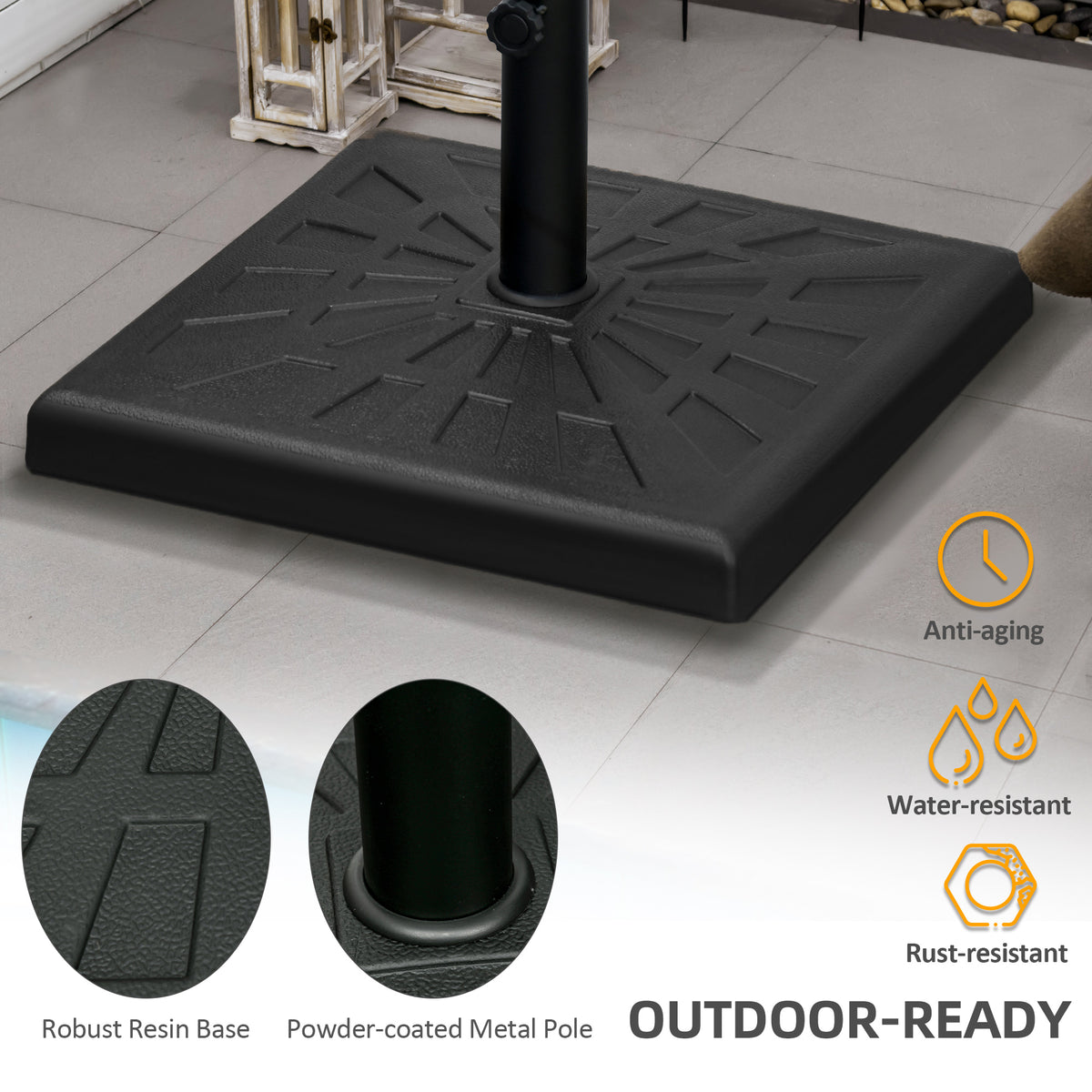 Outsunny 19kg Resin Garden Parasol Base Holder, Square Outdoor Market Umbrella Stand Weight for Poles of Φ32mm, Φ38mm, and Φ48mm, Black