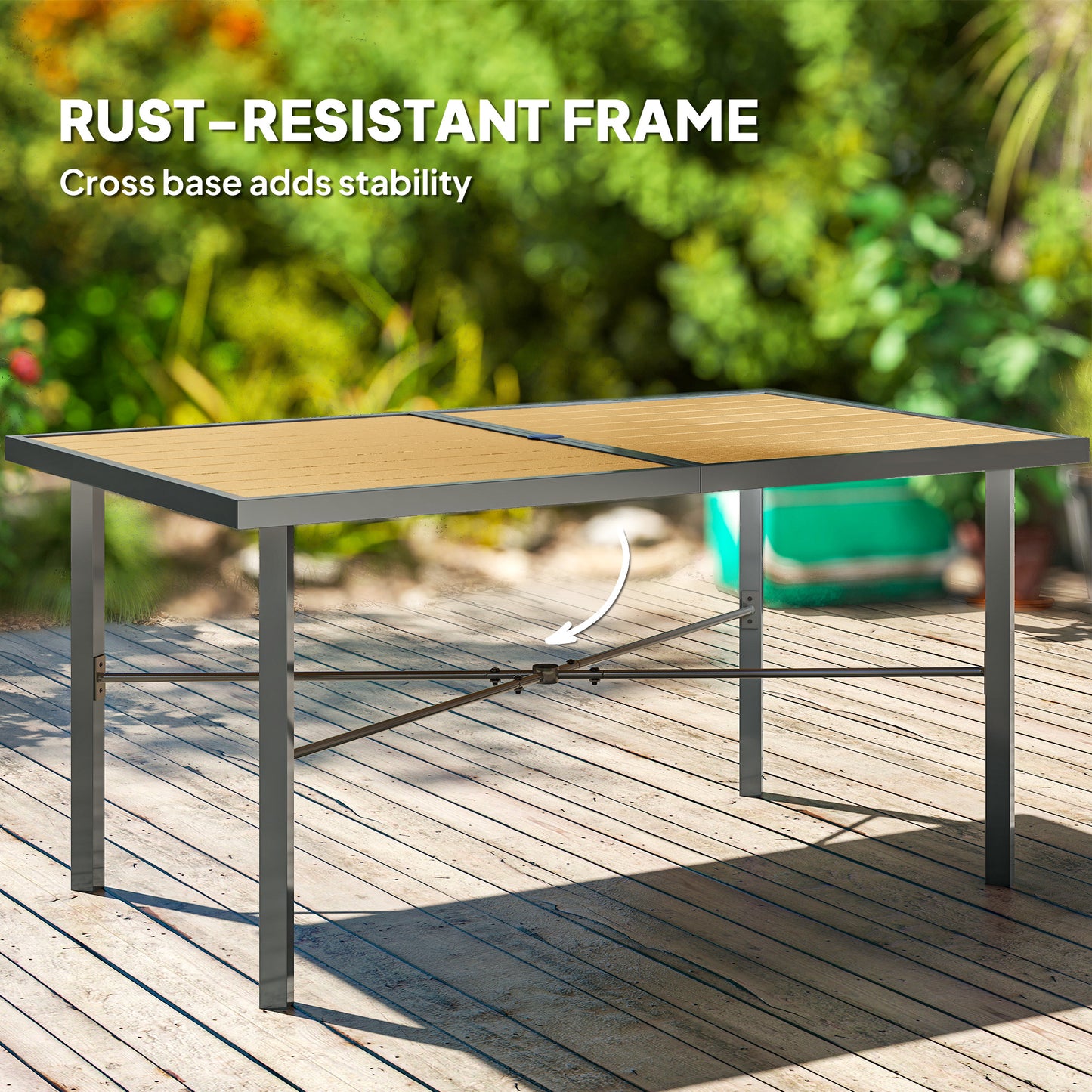 Outsunny Garden Table for 6, 150 cm Rectangular Outdoor Dining Table with 5 cm Umbrella Hole, Wood Effect Top, Rust Resistant Frame, for Patio, Balcony, Terrace, Natural Wood Finish