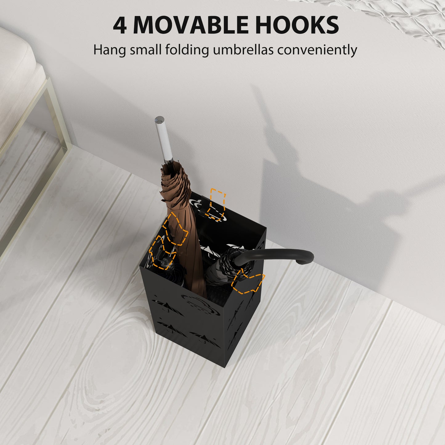HOMCOM Metal Umbrella Stand, Square Umbrella Holder with Removable Drip Tray and 4 Hooks, Decorative Umbrella Storage Rack for Hallway, Entryway, 15.5 x 15.5 x 41 cm, Black