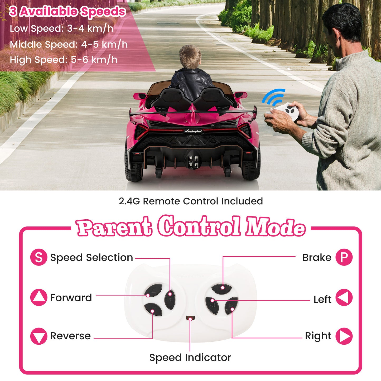 Licensed Lamborghini 4WD Kids Ride-on Sports Car-Pink