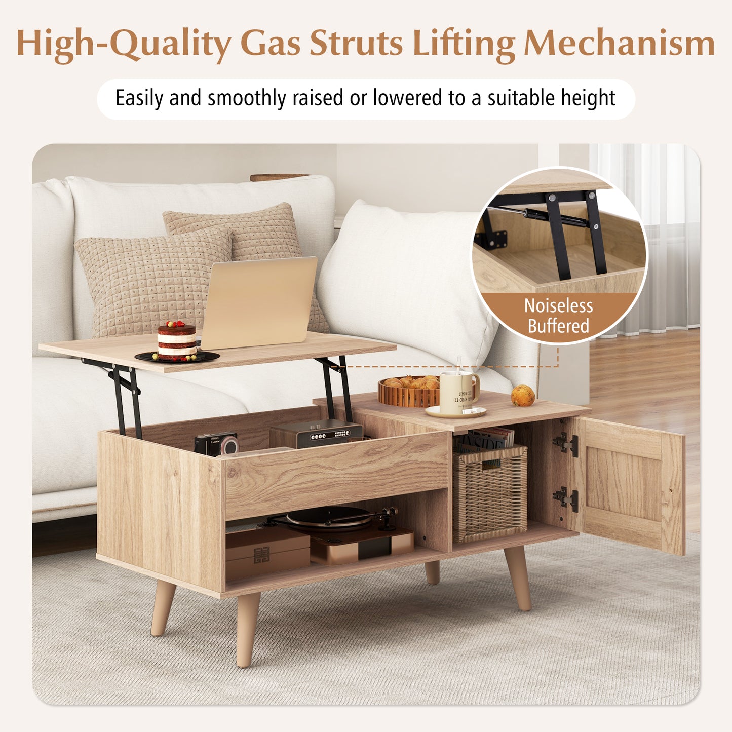 Lift Top Coffee Table with Storage Living Room Table with Hidden Compartment-Natural