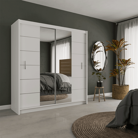 White Mirrored Sliding Door Wardrobe 203cm – CHESTER 2