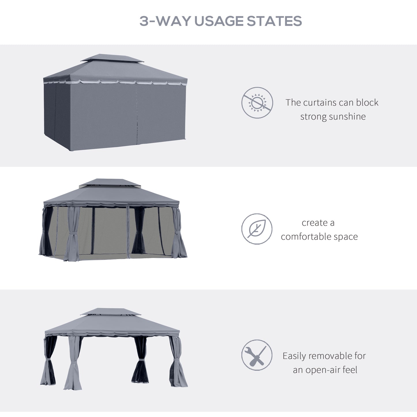 Altana ogrodowa Outsunny 3 x 4 m z aluminium, zadaszenie, namiot imprezowy z siatkami i zasłonami do ogrodu i na taras, ciemnoszary