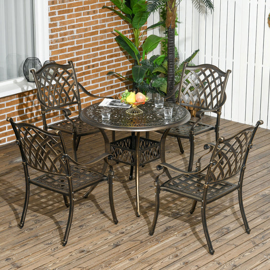 Outsunny 5-Piece Outdoor Furniture Dining Set, Cast Aluminum Conversation Set Includes 4 Chairs and â90cm Round Table with â50mm Umbrella Hole for Patio Garden Deck, Flower Design