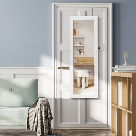 Lockable Jewelry Cabinet with Full Length Mirror and LED Lights-White