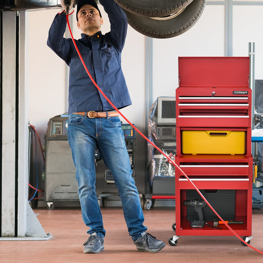 Lockable Tool Storage Cabinet with Handle, Drawers, Wheels and EVA Liner-Red & Black