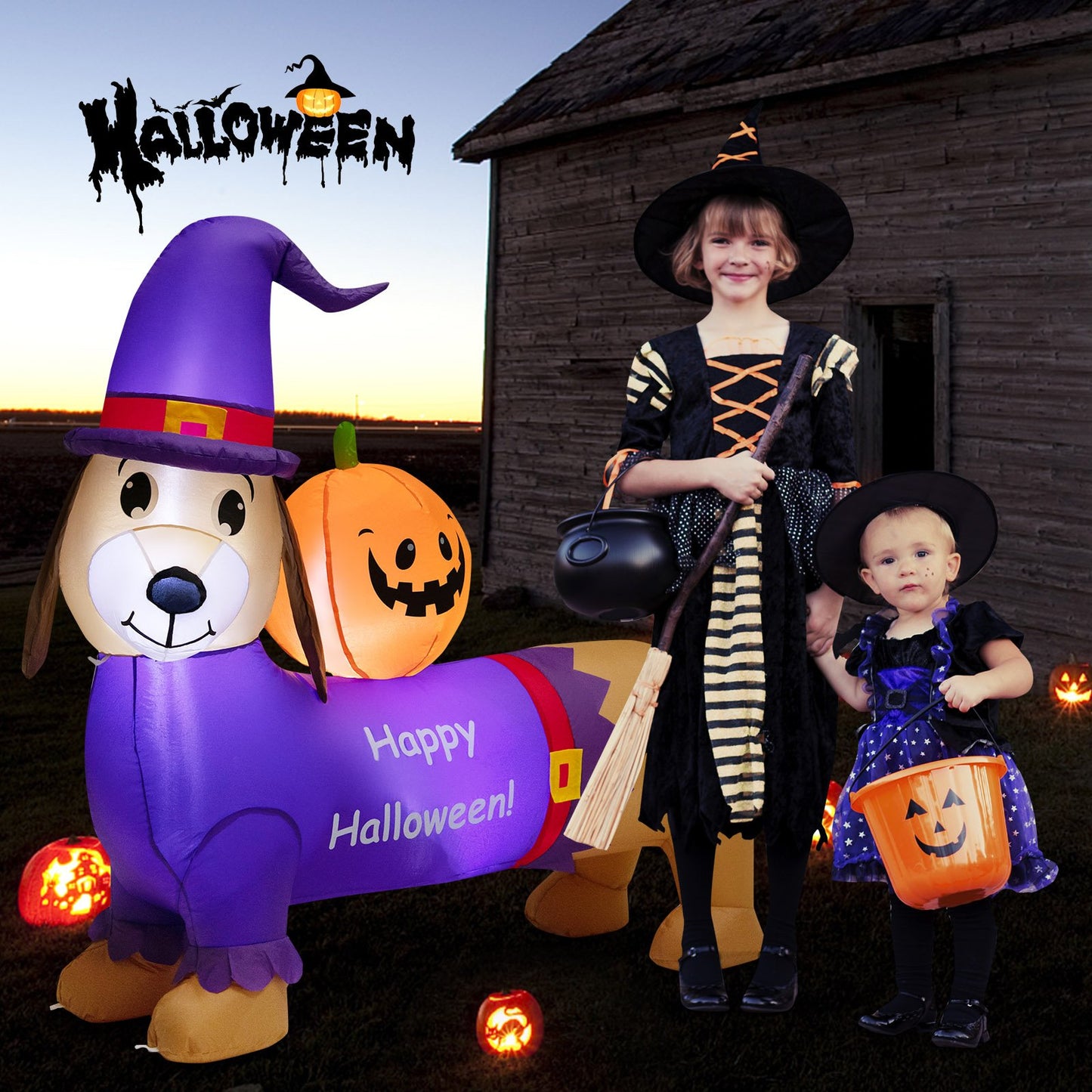 Long Halloween Inflatable Dachshund Dog with Pumpkin