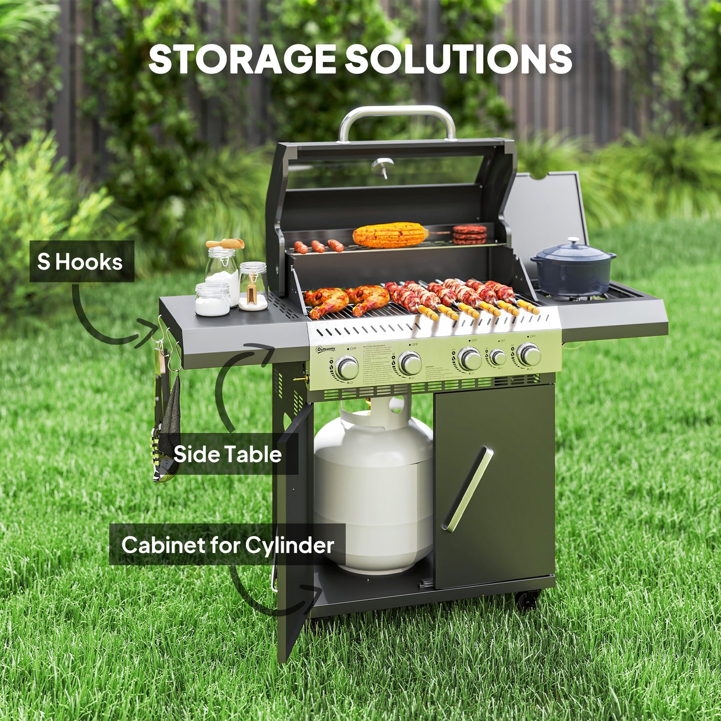 Grill gazowy Outsunny 4+1 z przezroczystą pokrywą, przenośny grill gazowy z wbudowanym termometrem, stolikiem bocznym, szafką, kółkami, tacką na tłuszcz do grillowania na przyjęciach ogrodowych na świeżym powietrzu, czarny
