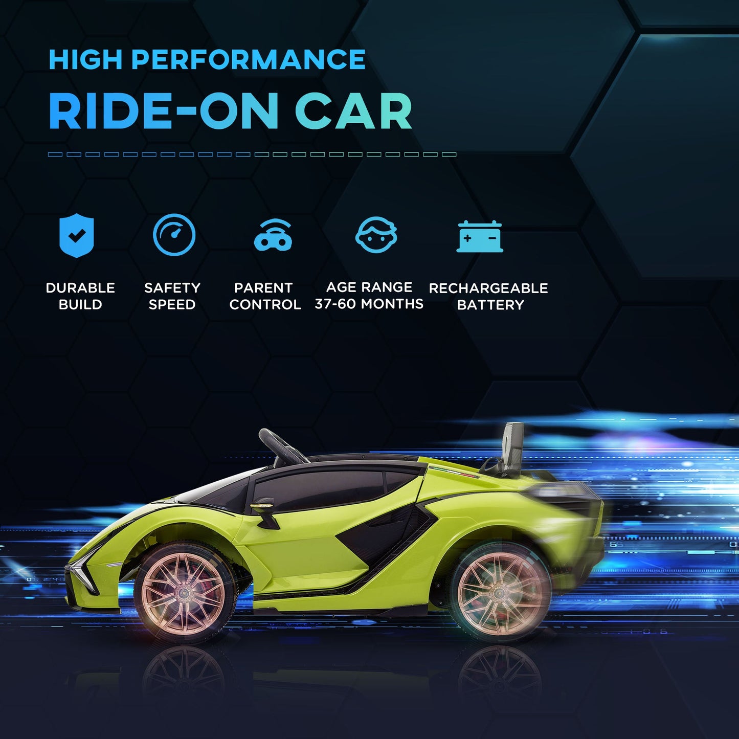HOMCOM Lamborghini Sian Licencjonowany 12V Elektryczny Samochód Dziecięcy Do Jazdy 2 Silniki Zabawka Samochodzik Z Pilotem Muzyka Światła MP3 dla 3-5 Lat Zielony