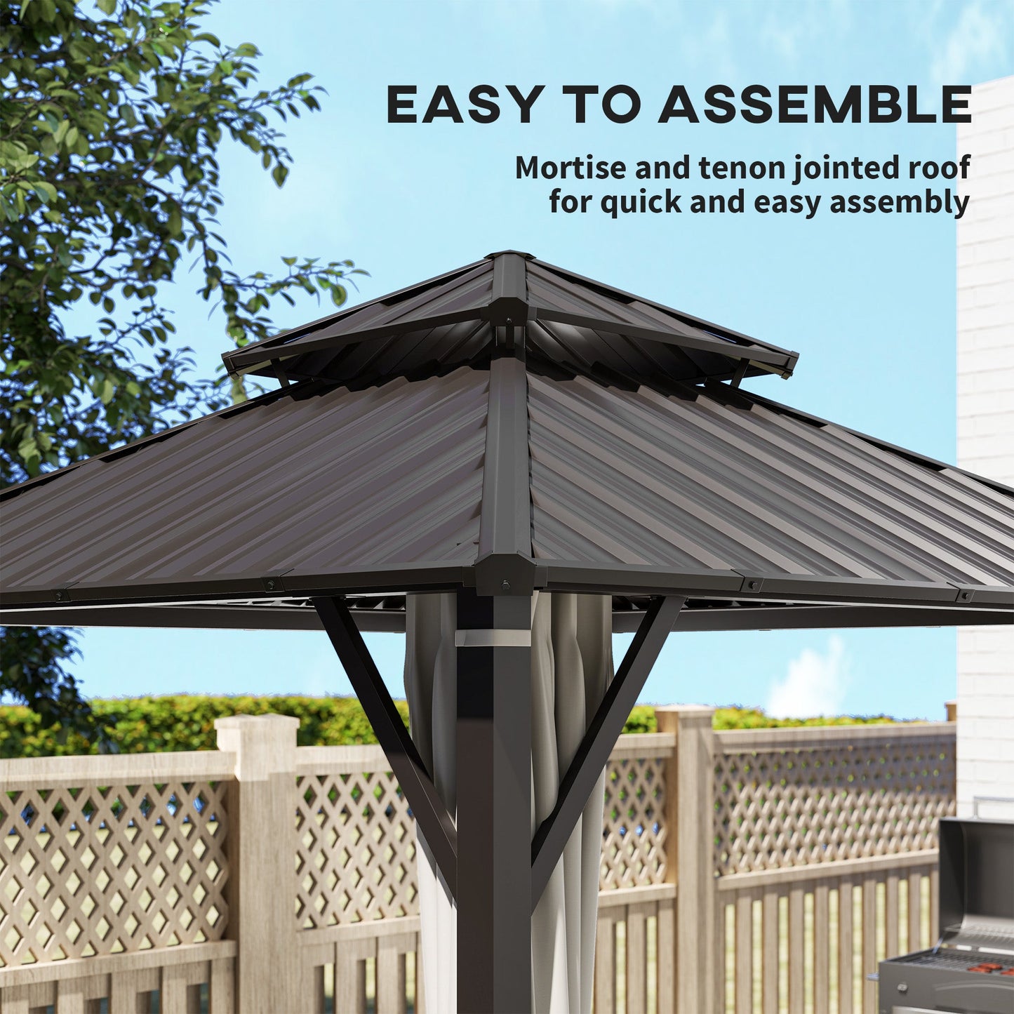 Outsunny 3 x 3(m) Hardtop Gazebo Canopy z podwójnym metalowym dachem, wodoodporny, stały pawilon ogrodowy z siatką i zasłonami, łatwy w montażu