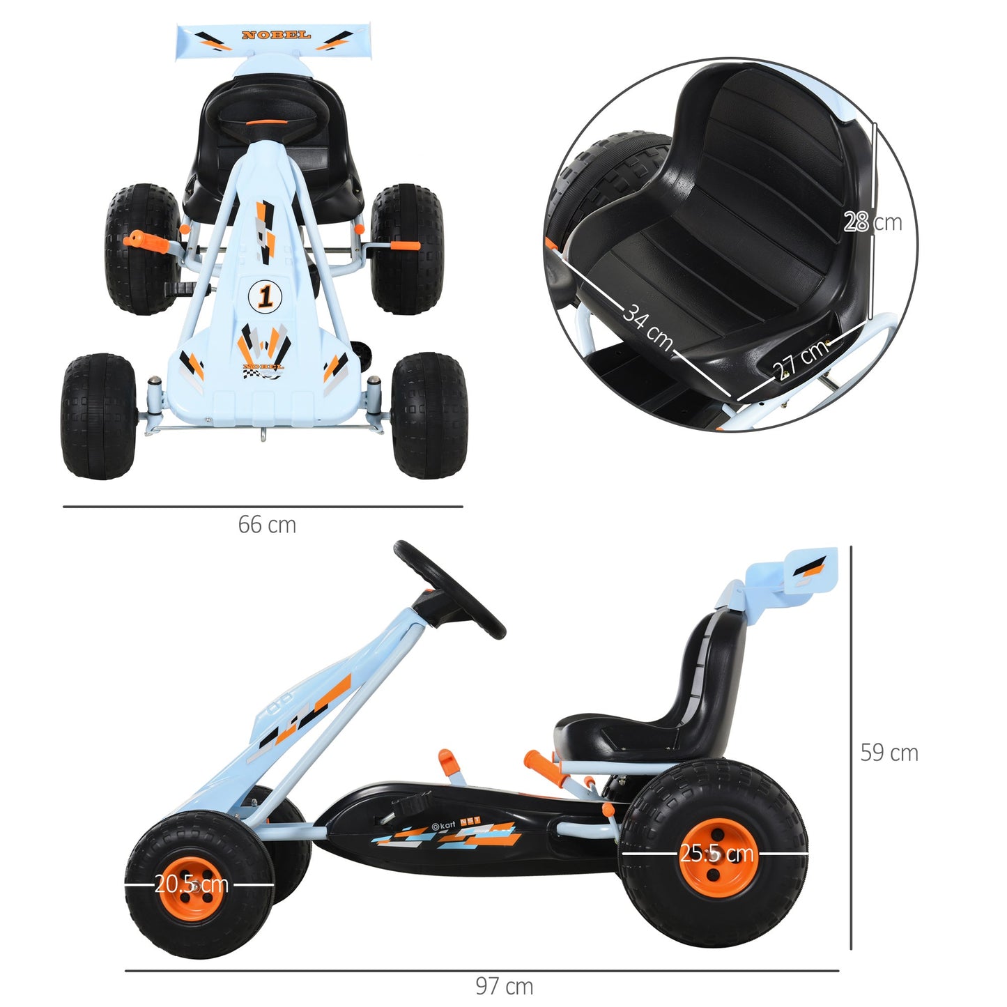 HOMCOM Kids Dziecięcy Gokart na pedały Ręczny samochód do jazdy z hamulcem, biegami, kierownicą, regulowanym siedzeniem, pojazd do zabawy na świeżym powietrzu, 97 x 66 x 59 cm