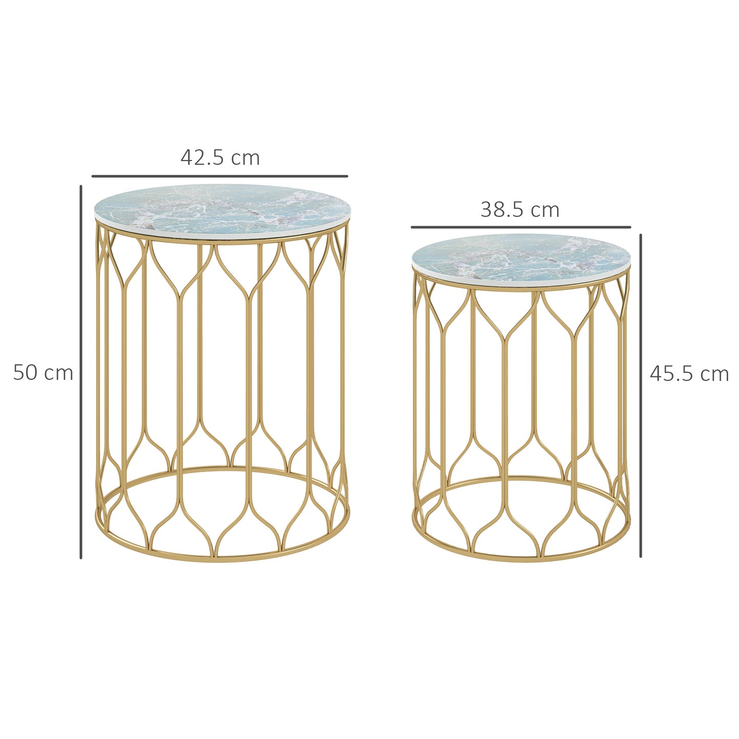 Zestaw 2 stolików bocznych Outsunny Garden Side Table, stoliki wsuwane z blatem z płytek ceramicznych, małe stoliki ogrodowe do użytku wewnątrz i na zewnątrz, wielofunkcyjne stoliki boczne z metalową ramą na patio, balkon, werandę, wielokolorowe