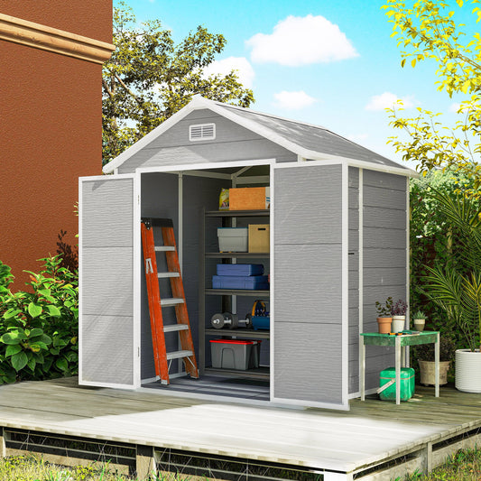 Outsunny 6 x 5ft Garden Shed, Plastic Shed with Floor, Window, Lockable Doors and Vents, Wood Effect Resin Tool Shed for Outdoor Patio, Dark Grey