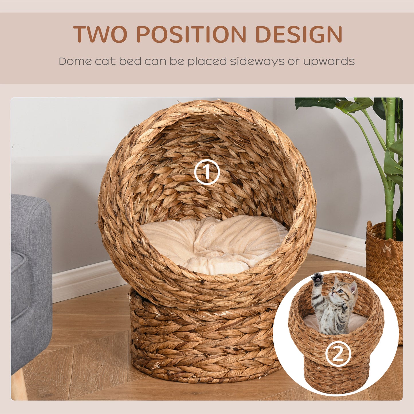 PawHut Wicker Cat Bed, Podwyższony Rattanowy Kosz dla Kota z Cylindryczną Podstawą, Miękka Zmywalna Poduszka, 42 x 33 x 52 cm - Brązowy