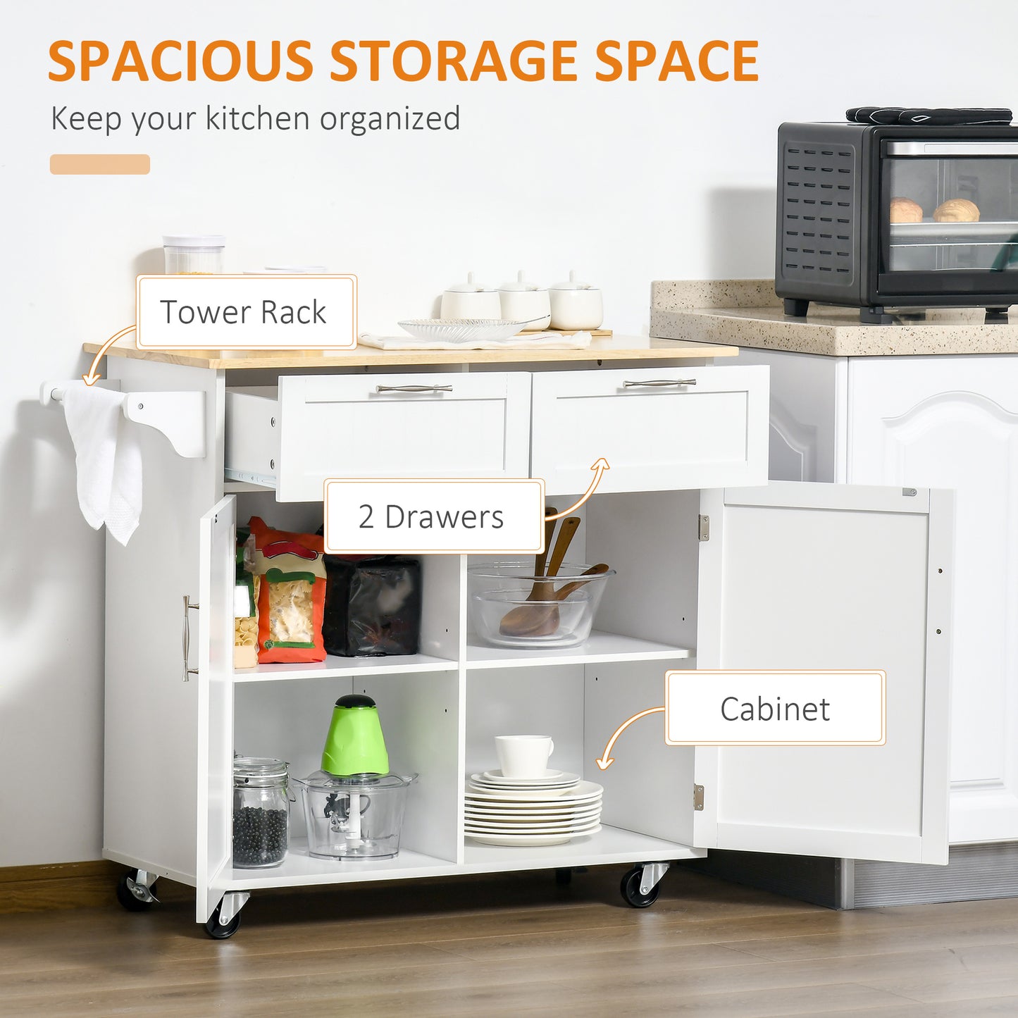 HOMCOM Kitchen Island Utility Cart, with 2 Storage Drawers & Cabinets for Dining Room, White