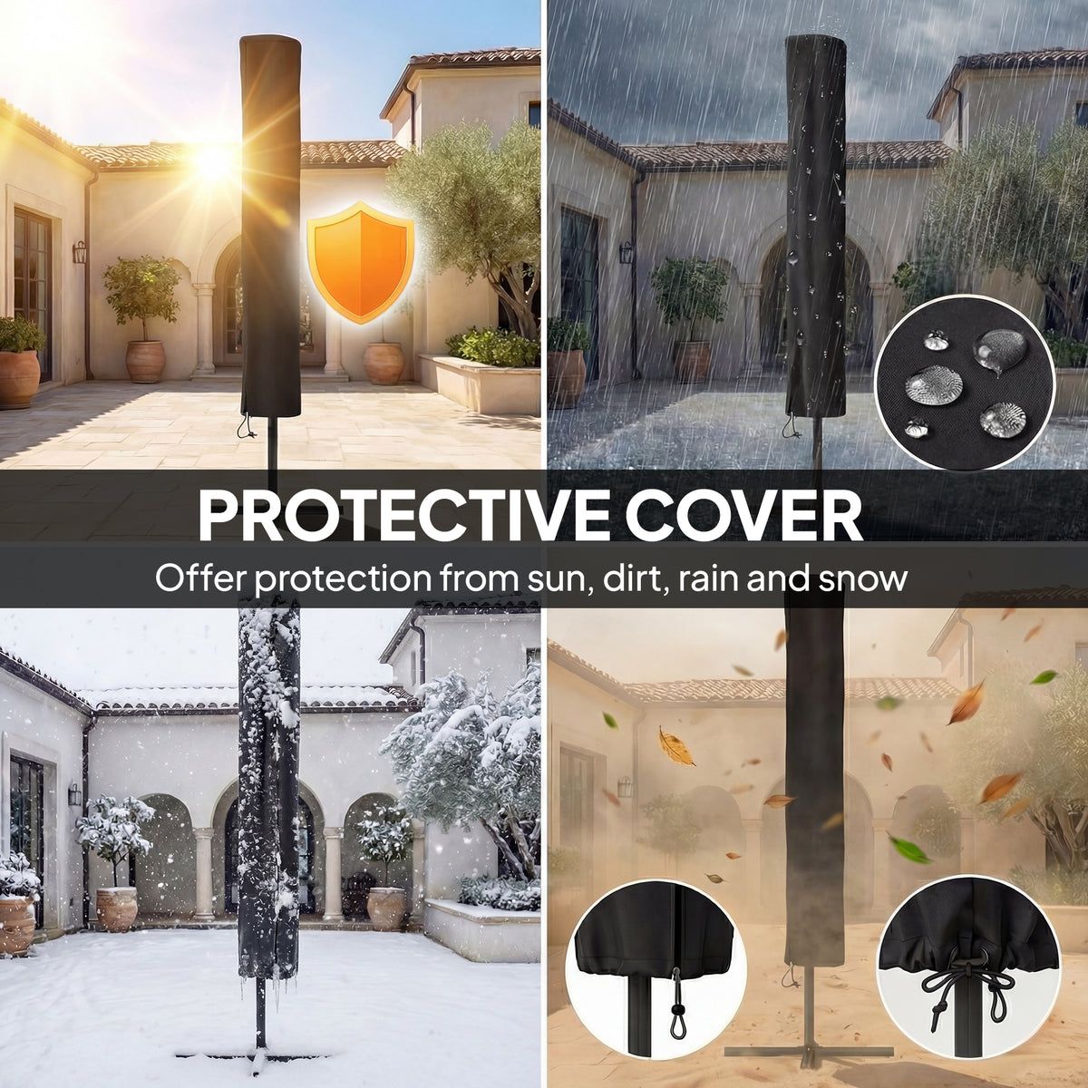 Outsunny 3 x 2 m Garden Parasol Umbrella with LED Solar Light, Parasol Cover, Outdoor Market Patio Umbrella, Black