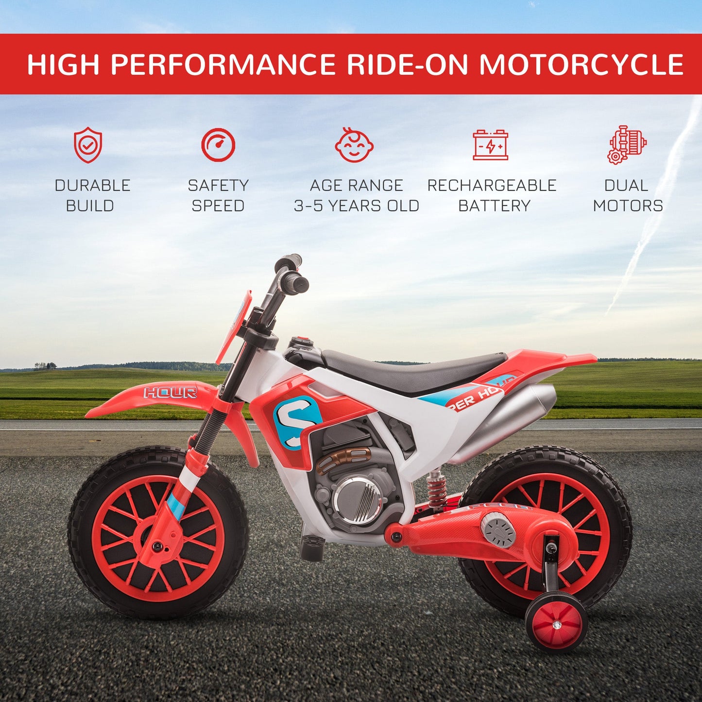 HOMCOM 12V Elektryczny Motocykl Dziecięcy Jeździk, z Kółkami Bocznymi, dla Dzieci w Wieku 3-6 Lat - Czerwony