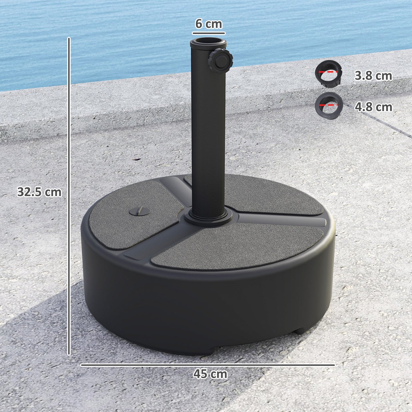 Outsunny Round Garden Parasol Base, Garden Umbrella Stand Heavy Duty Parasol Base, Filled Up to 20kg with Stand or 18kg with Water for 38, 48 mm Poles, Black