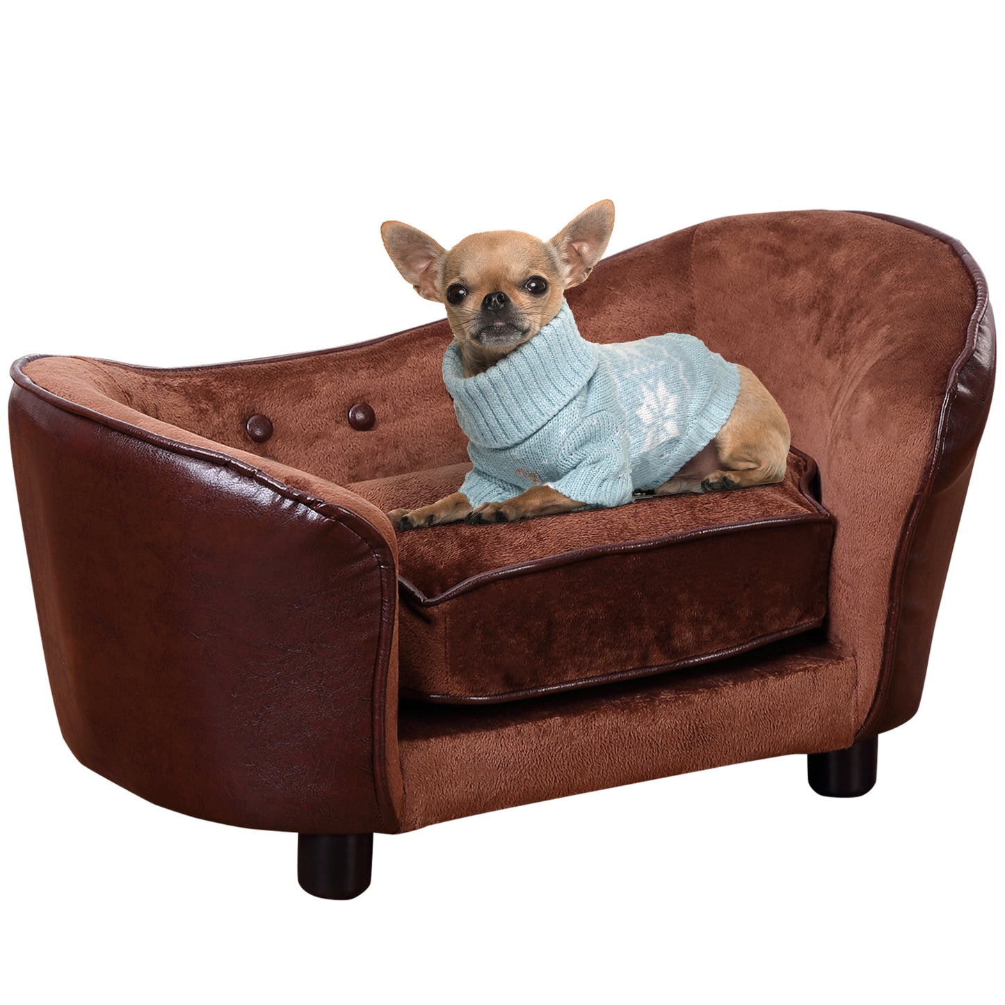 PawHut Dog Sofa Chair z nogami, kanapa dla zwierząt z miękką poduszką dla bardzo małych psów i kotów, brązowa, 68,5 x 40,5 x 40,5 cm