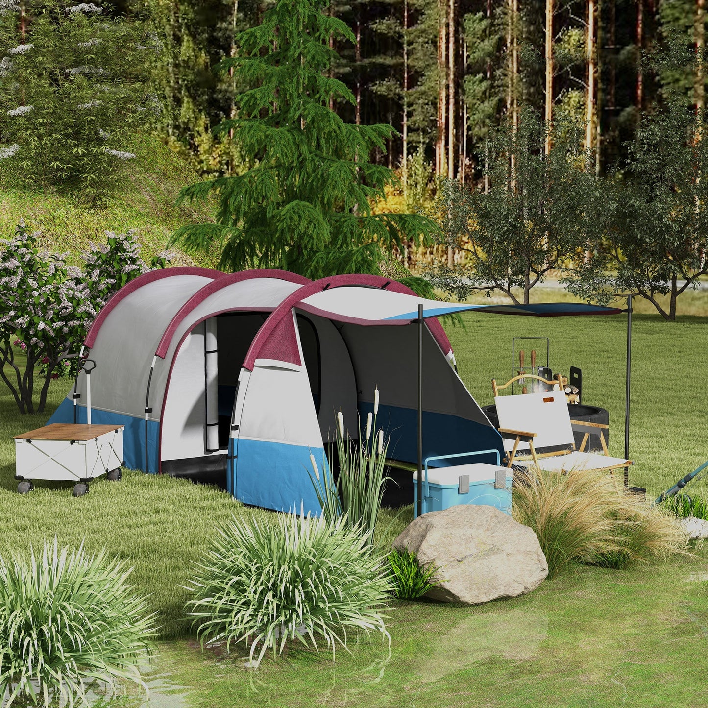 Outsunny Camping Tent, duży namiot tunelowy z sypialnią i częścią dzienną, 2000 mm wodoodporności, przenośny z torbą dla 2-3 osób, czerwony