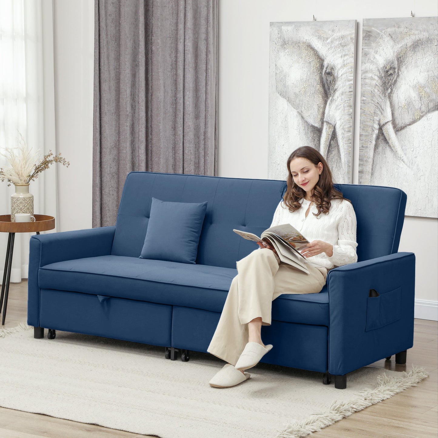 HOMCOM Trzyosobowa sofa rozkładana Velvet-Feel - niebieska