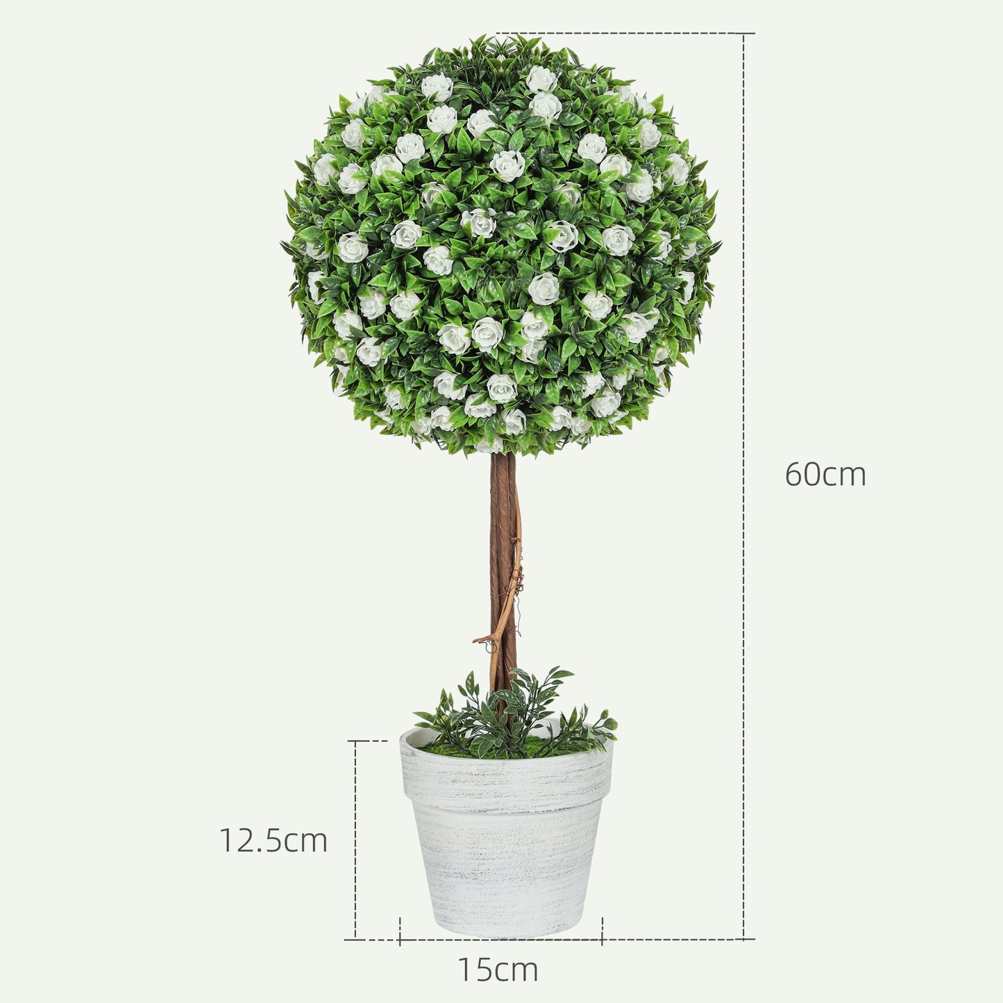HOMCOM Zestaw 2 dekoracyjnych sztucznych roślin, drzewo topiary z kwiatem róży w doniczce, sztuczne rośliny do dekoracji wnętrz i na zewnątrz, 60 cm, biały