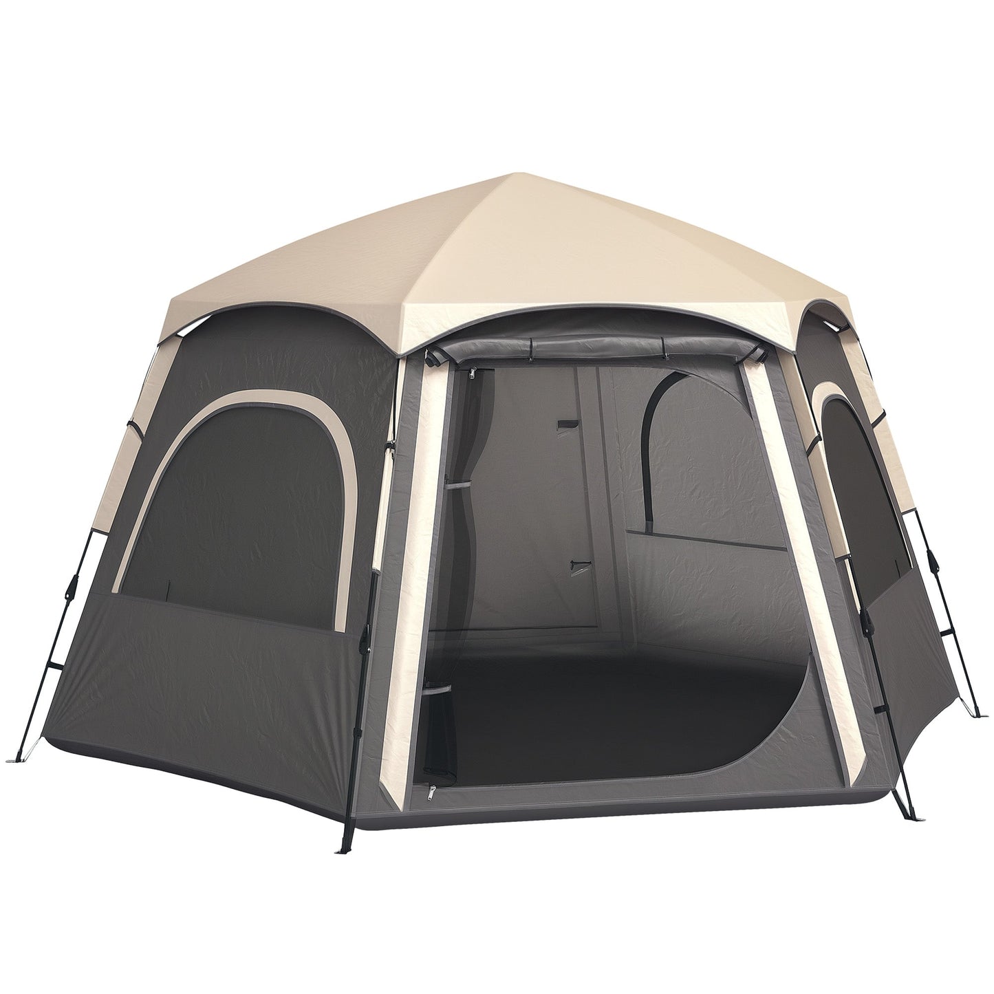 Outsunny Instant Pop Up Camping Tent, 2/3/4 osobowy łatwy w rozkładaniu namiot rodzinny z przedsionkiem, tropikiem, 4 oknami z siatki i 2 drzwiami, sześciokątny design, wodoodporny i z ochroną UV, ciemnoszary