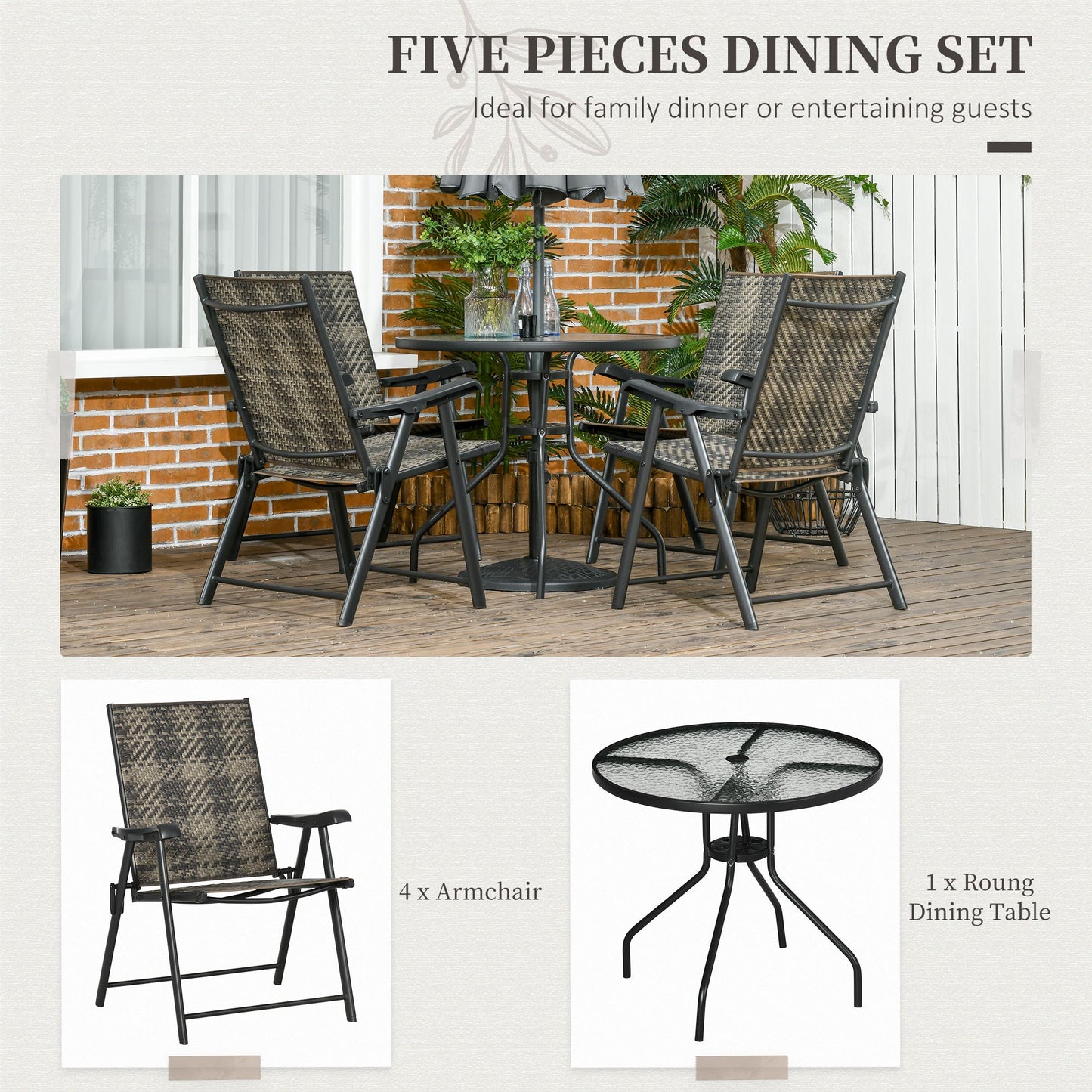 Zestaw jadalny Outsunny 4 Seater Rattan, zestaw mebli ogrodowych z rattanu z otworem na parasol, stół jadalny i krzesła zewnętrzne z 4 fotelami, okrągły szklany stół na patio, balkon, mieszany szary