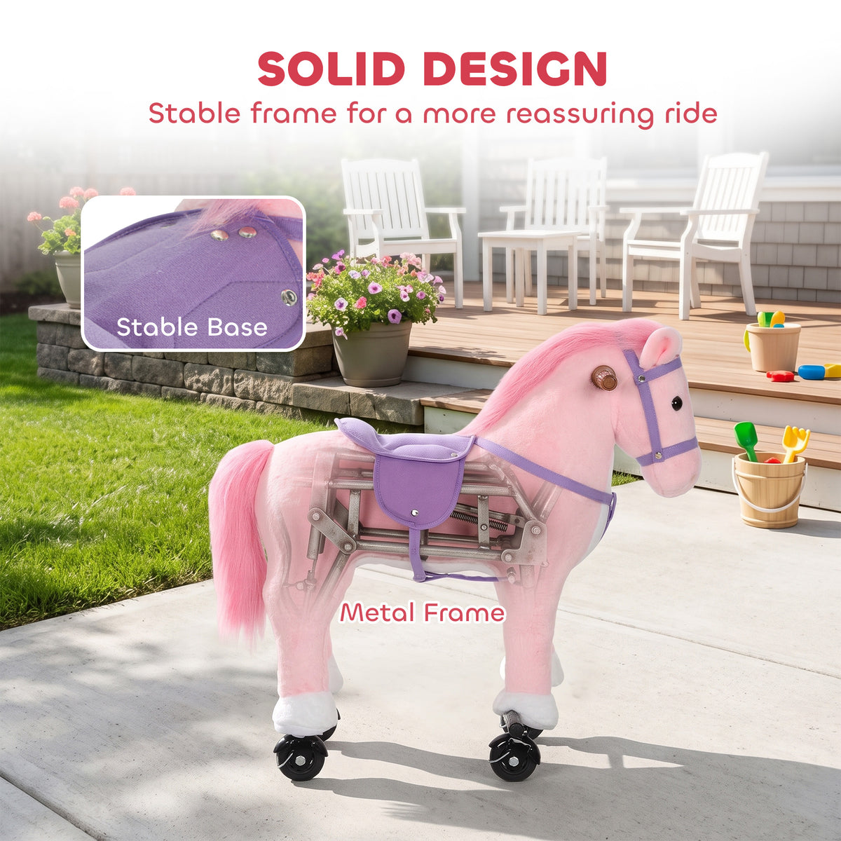 AIYAPLAY Rocking Horse, Plush Ride On Horse with Hoof Sounds, Music, Rolling Wheels and Pedal for 3-7 Years, Up to 50kg, Pink