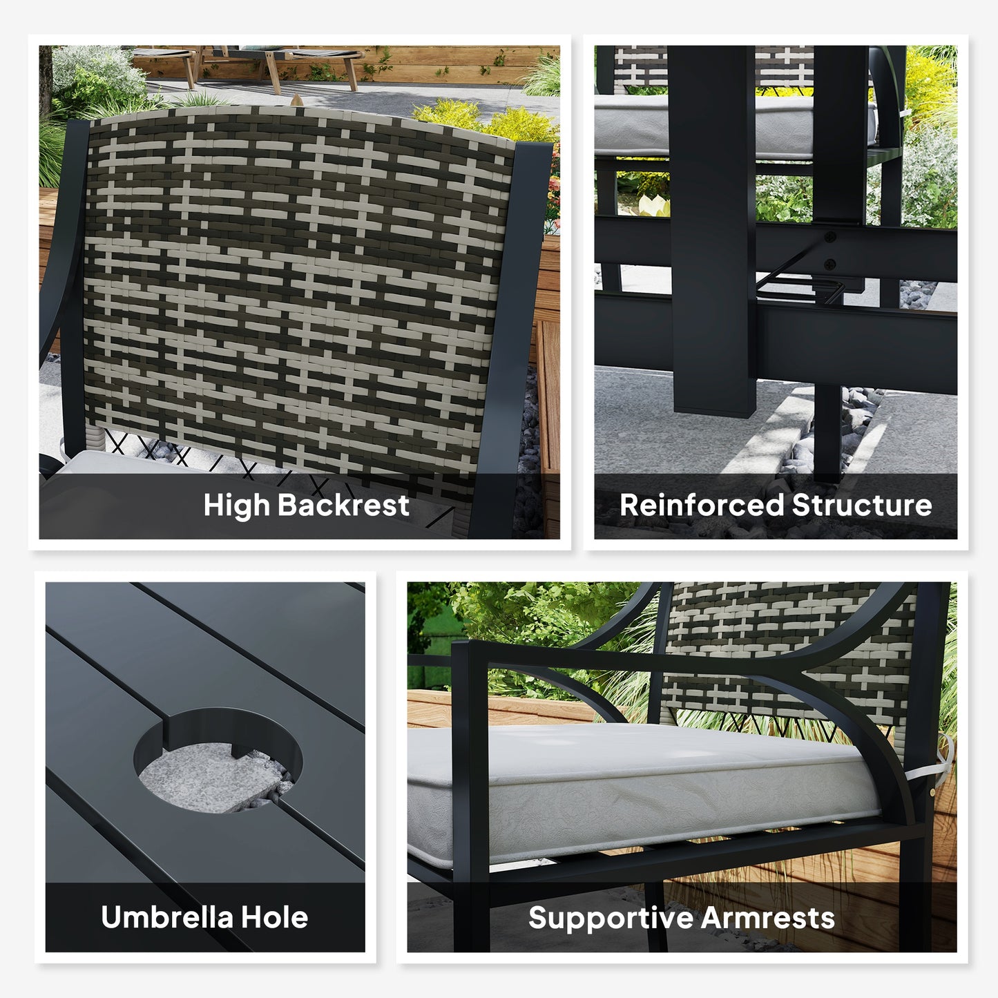 Outsunny Rattan Garden Furniture Set with Cushions, 6 Seater Rattan Dining Set with 6 Armchairs, 150 x 96cm Rectangular Table, Umbrella Hole, for Outdoor, Patio, Balcony, Terrace, Conservatory