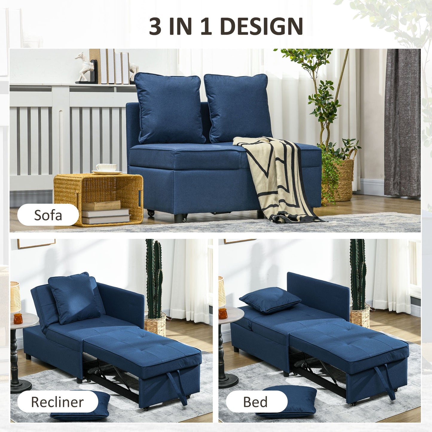 HOMCOM Sofa rozkładana pojedyncza z grubym, wyściełanym siedziskiem, 3 w 1 wielofunkcyjny fotel rozkładany z kieszenią na czasopisma, do salonu, niebieski