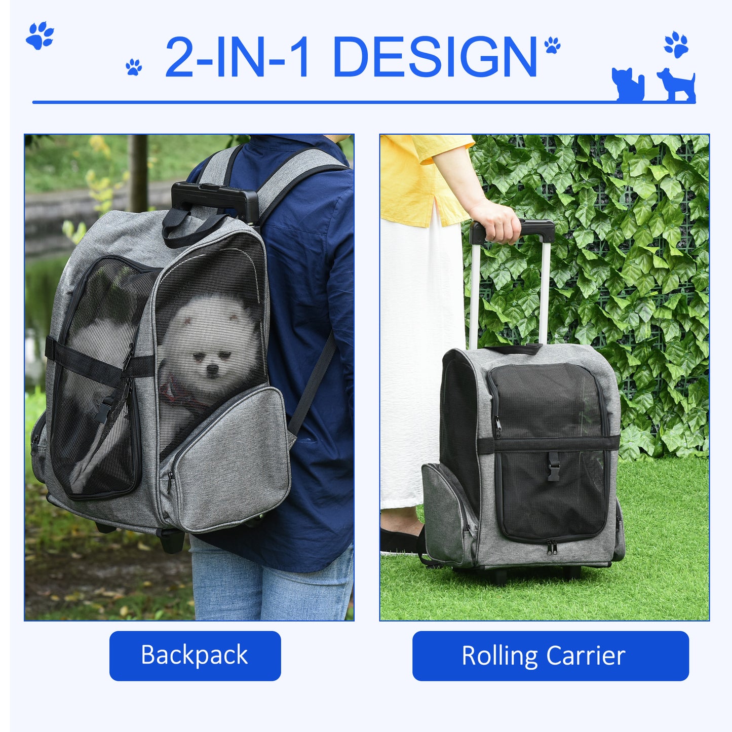 PawHut Pet Travel Backpack Bag Cat Puppy Dog Carrier w/ Trolley and Telescopic Handle Portable Stroller Wheel Luggage Bag (szary)