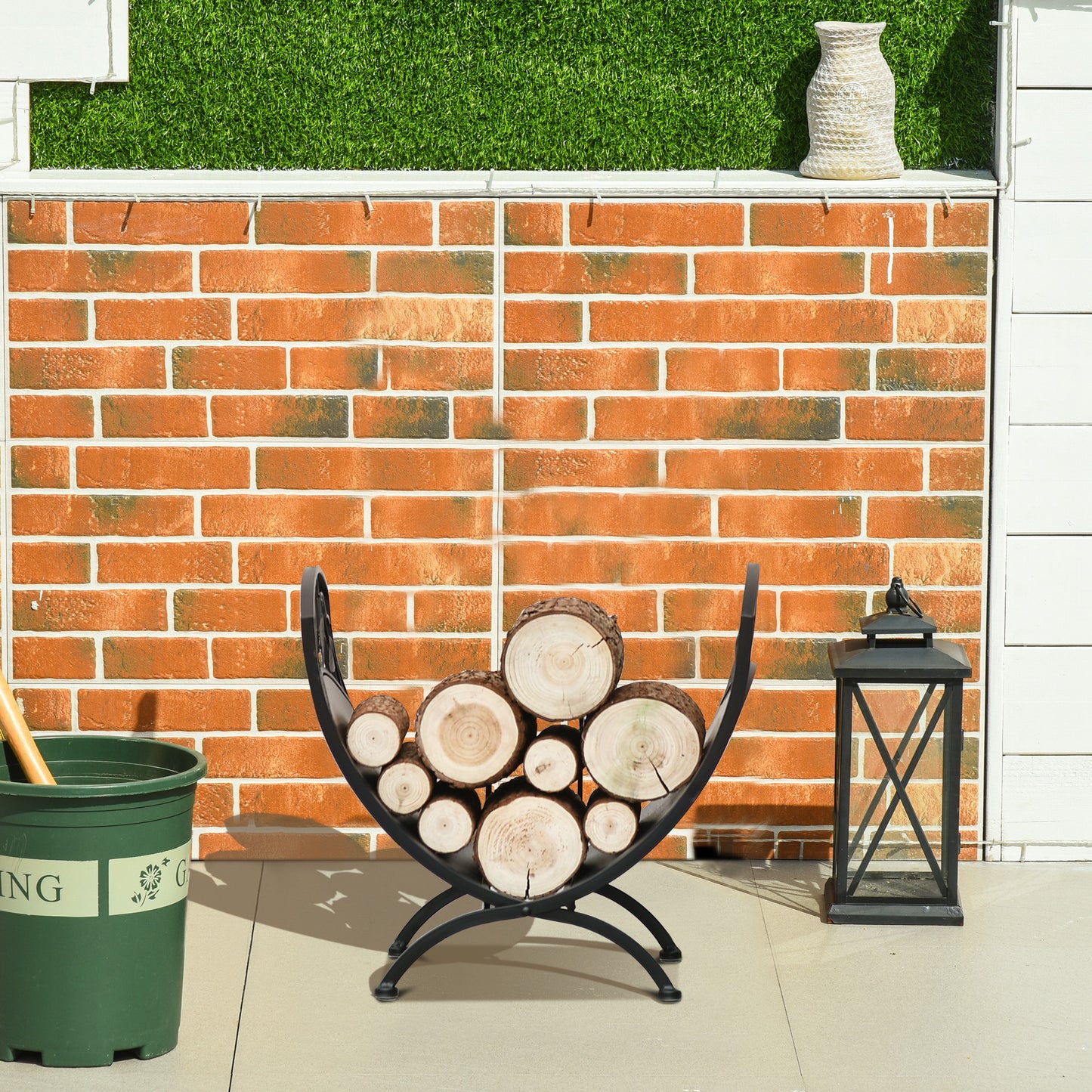 Outsunny Metal Arced Firewood Log Holder Indoor Outdoor Folding Firewood Rack Fireplace Wood Storage Shelf w/ Leaf Pattern Design, Black, 43.5W x 36.5D x 41H cm
