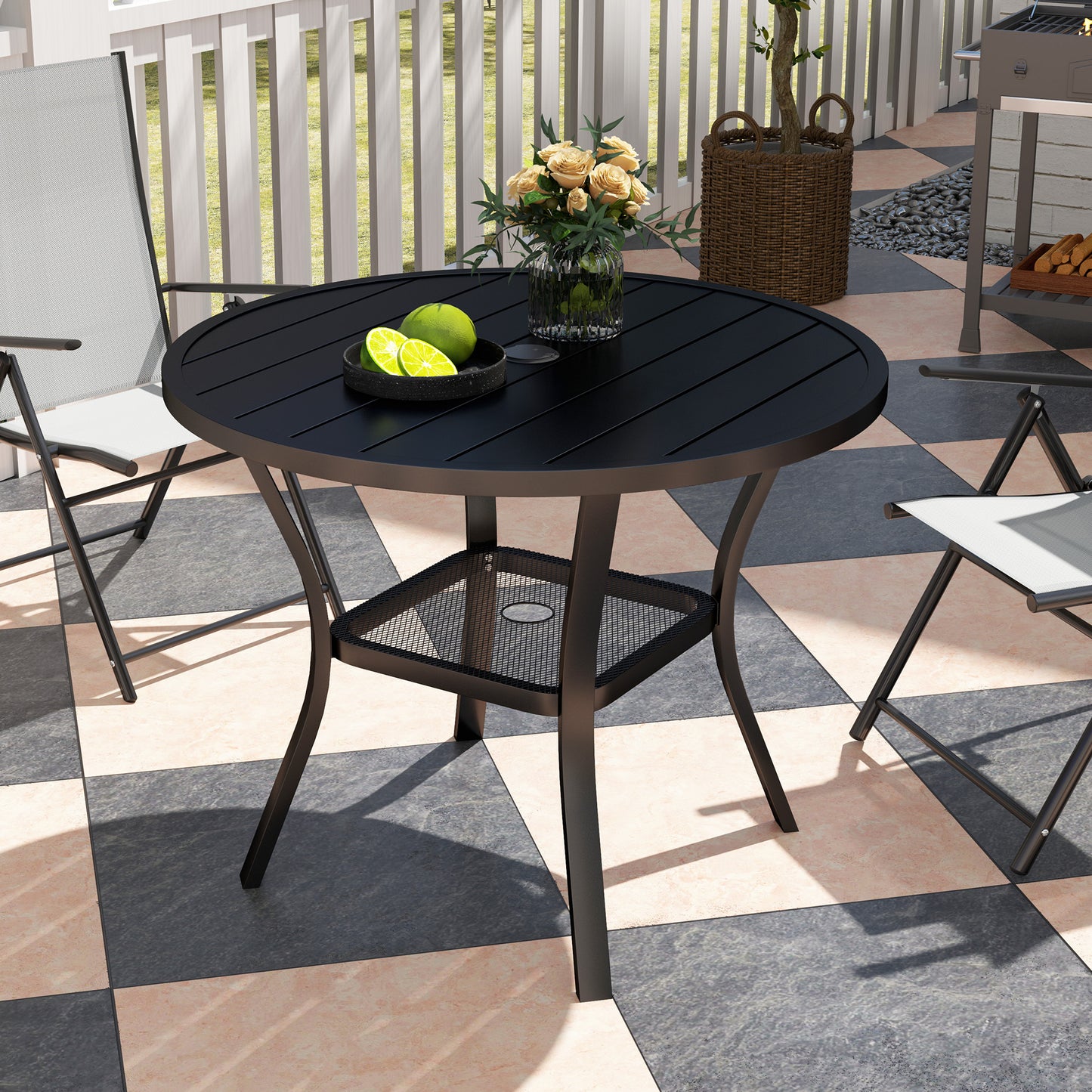 Outsunny 90 cm Garden Dining Table with 4-5 cm Parasol Hole, Round Outdoor Dining Table, Steel Garden Table with Slatted Metal Top and Wire Shelf for Balcony, Porch, Black