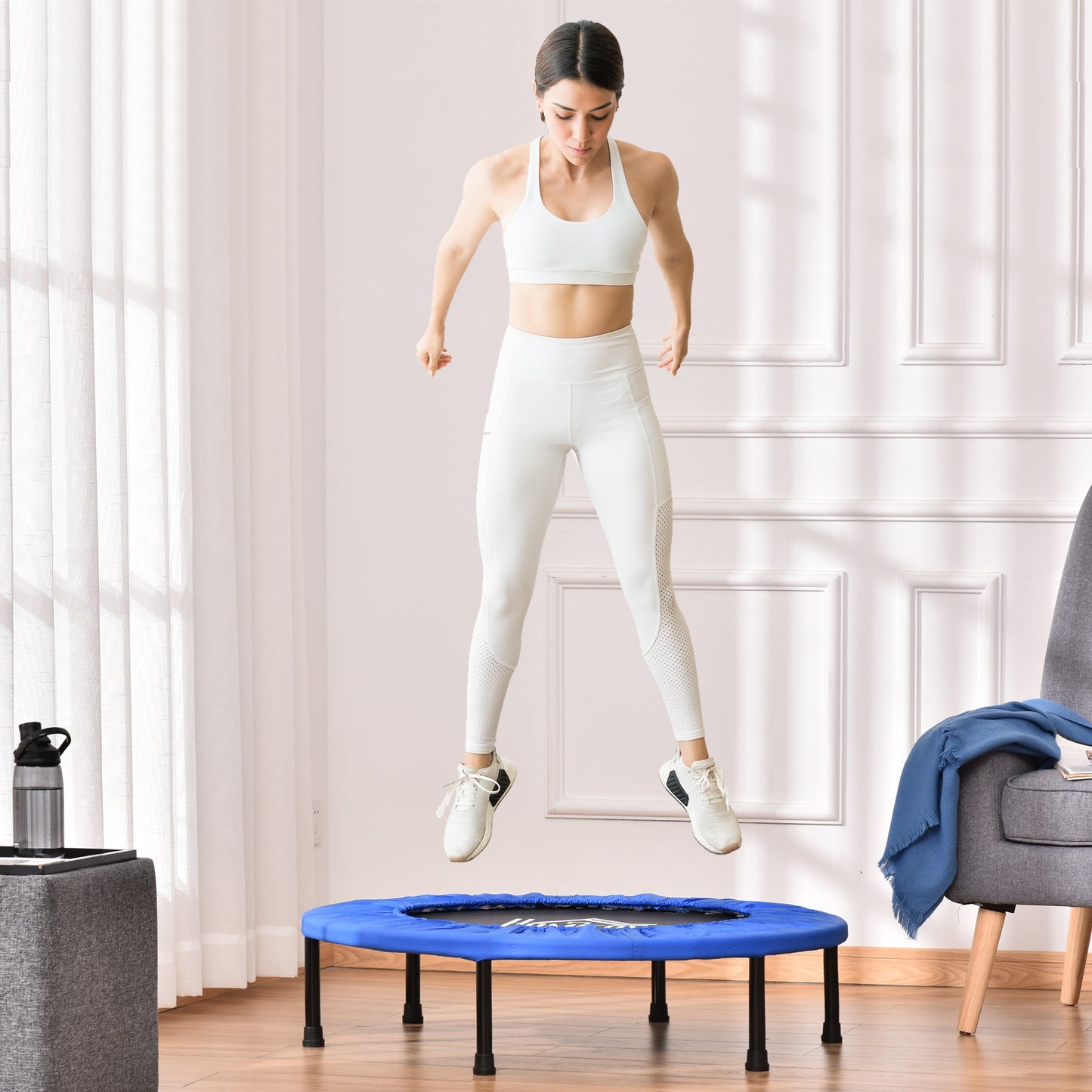 HOMCOM â91 Mini trampolina fitness do ćwiczeń w domu, do jogi, do użytku wewnątrz i na zewnątrz, z podkładką bezpieczeństwa, udźwig do 100 kg, niebiesko-czarna