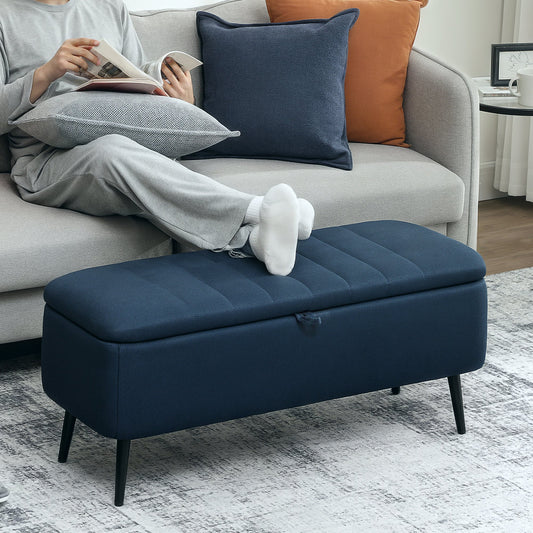 HOMCOM 92 x 31cm Linen-Look Storage Ottoman - Dark Blue