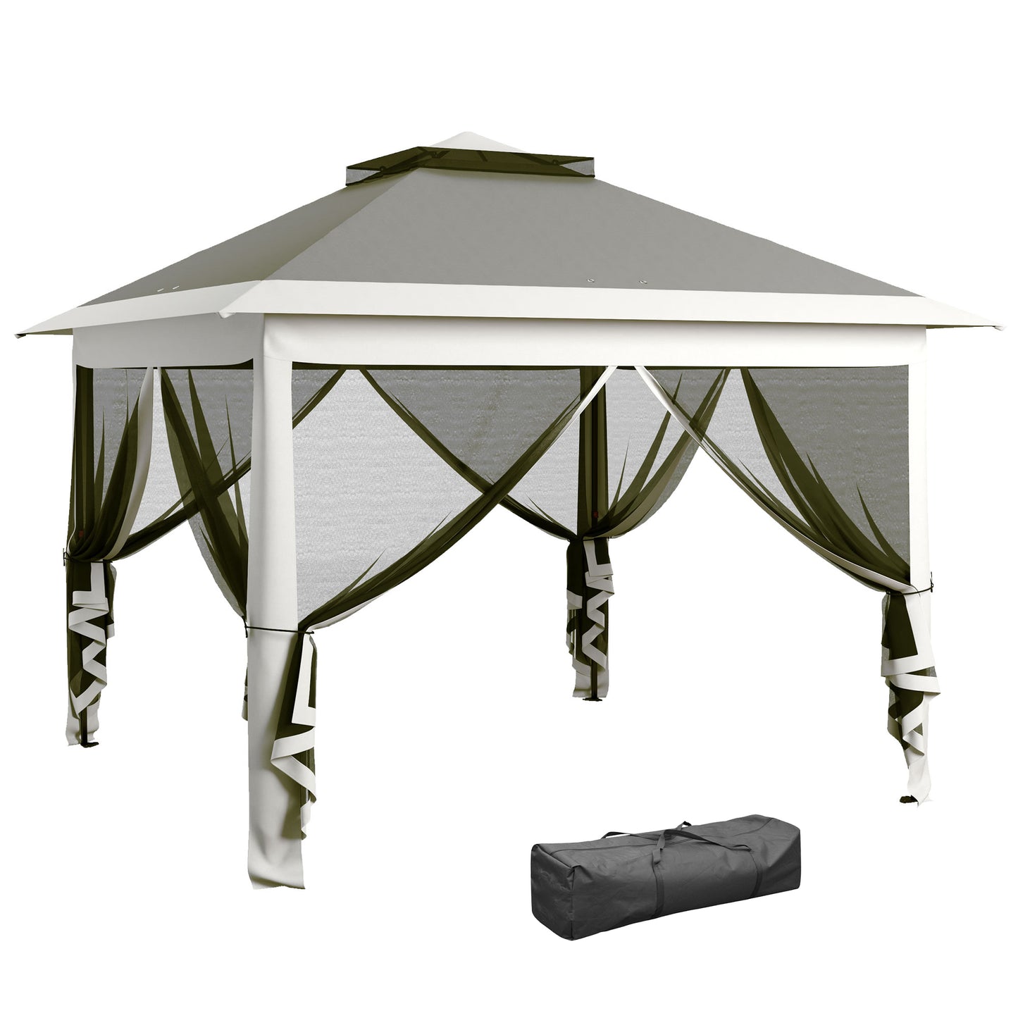 خيمة Outsunny Pop Up Canopy مع سقف مزدوج، جدران جانبية شبكية بسحاب، حقيبة حمل، ارتفاع قابل للتعديل لحديقة الفناء، رمادي داكن