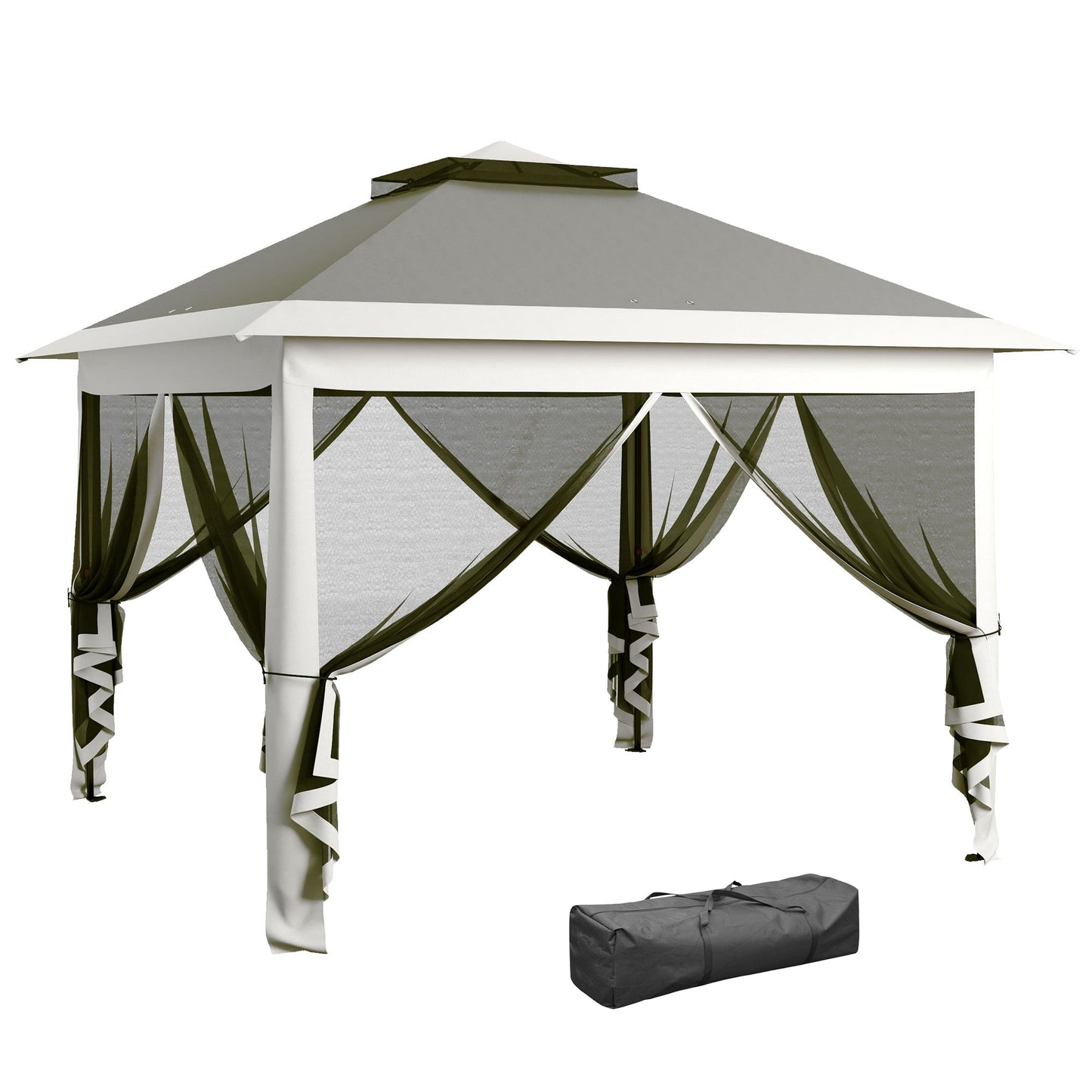 خيمة Outsunny Pop Up Canopy مع سقف مزدوج، جدران جانبية شبكية بسحاب، حقيبة حمل، ارتفاع قابل للتعديل لحديقة الفناء، رمادي داكن