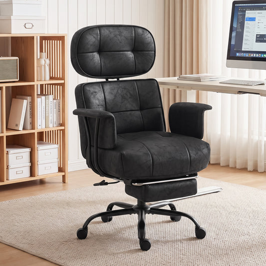 HOMCOM Office Chair, Big and Tall Desk Chair with Footrest, Wide Seat, Leathaire, Reclining Back, Swivel Wheels, Black