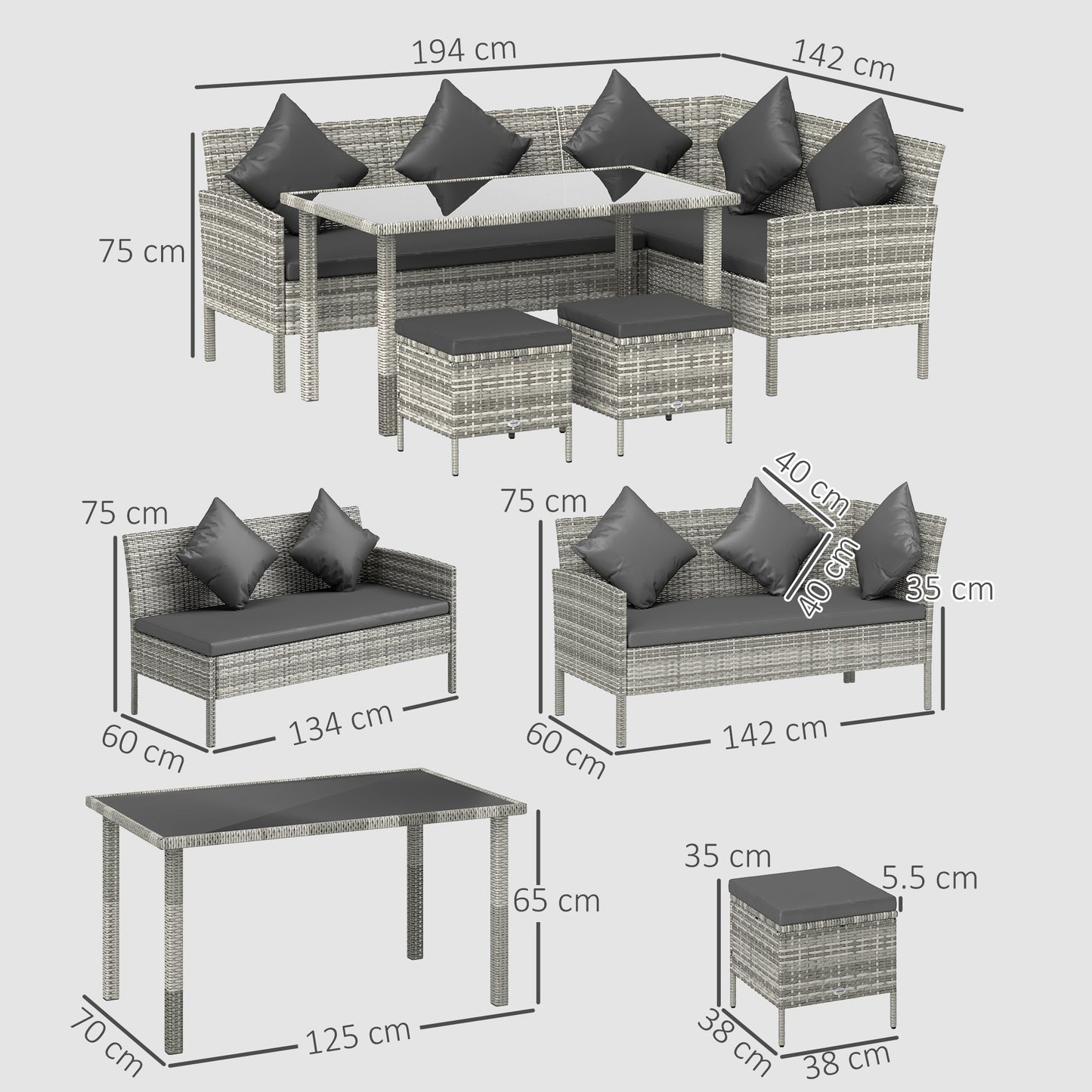 Outsunny tsunny 6-osobowy zestaw jadalny z rattanu, sofa, stół, podnóżek, meble ogrodowe, ciemnoszary