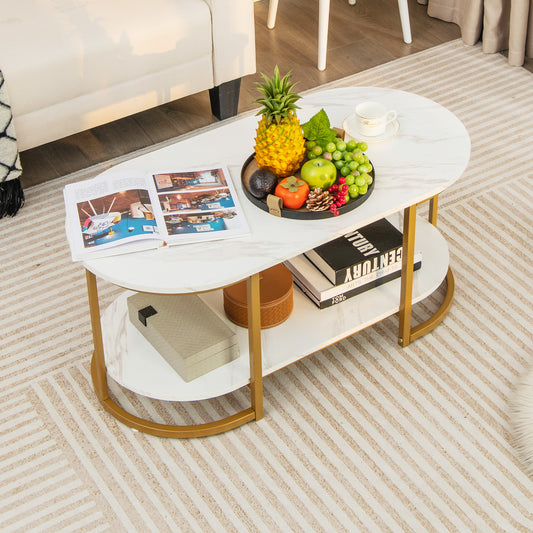 Marble Coffee Table with Open Storage Shelf in White, image 2
