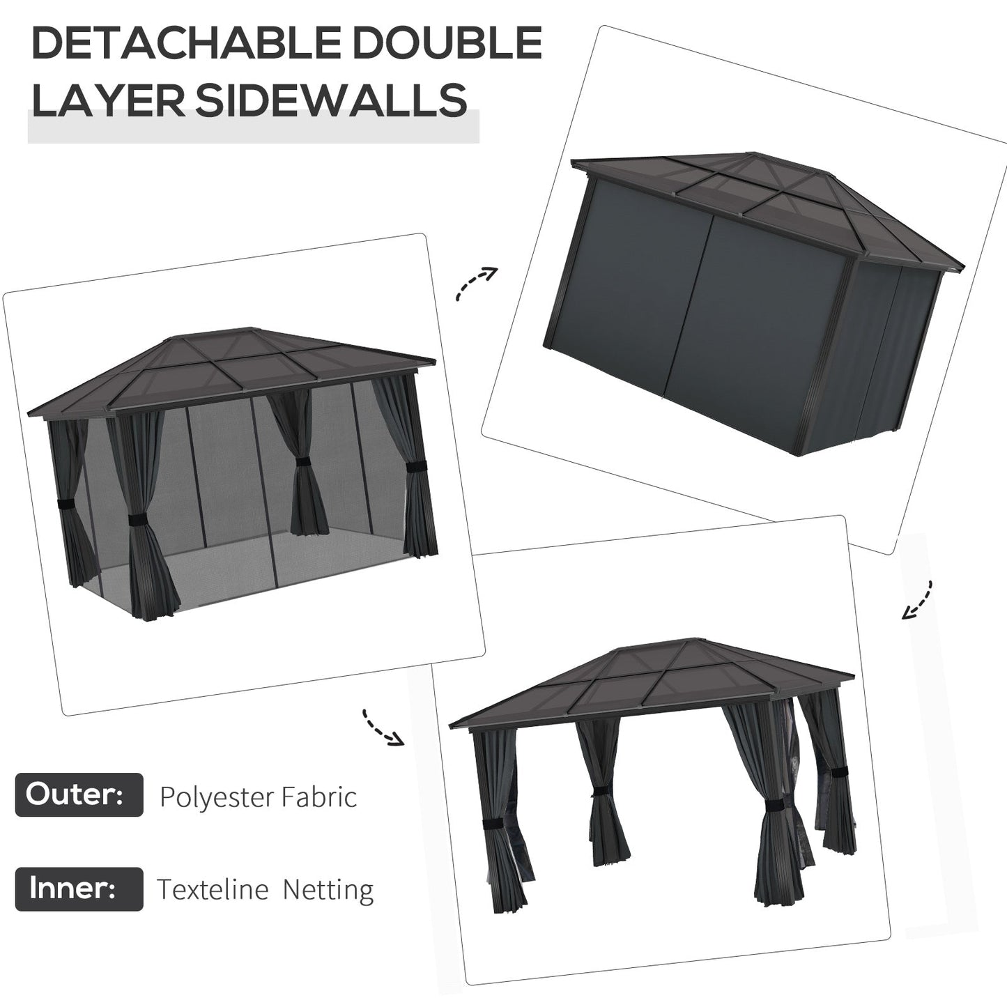 Outsunny 3 x 3,6 m Hardtop Gazebo z dachem z poliwęglanu, aluminiowa rama, stały pawilon ogrodowy z siatką i zasłonami na patio, pokład, ciemnoszary